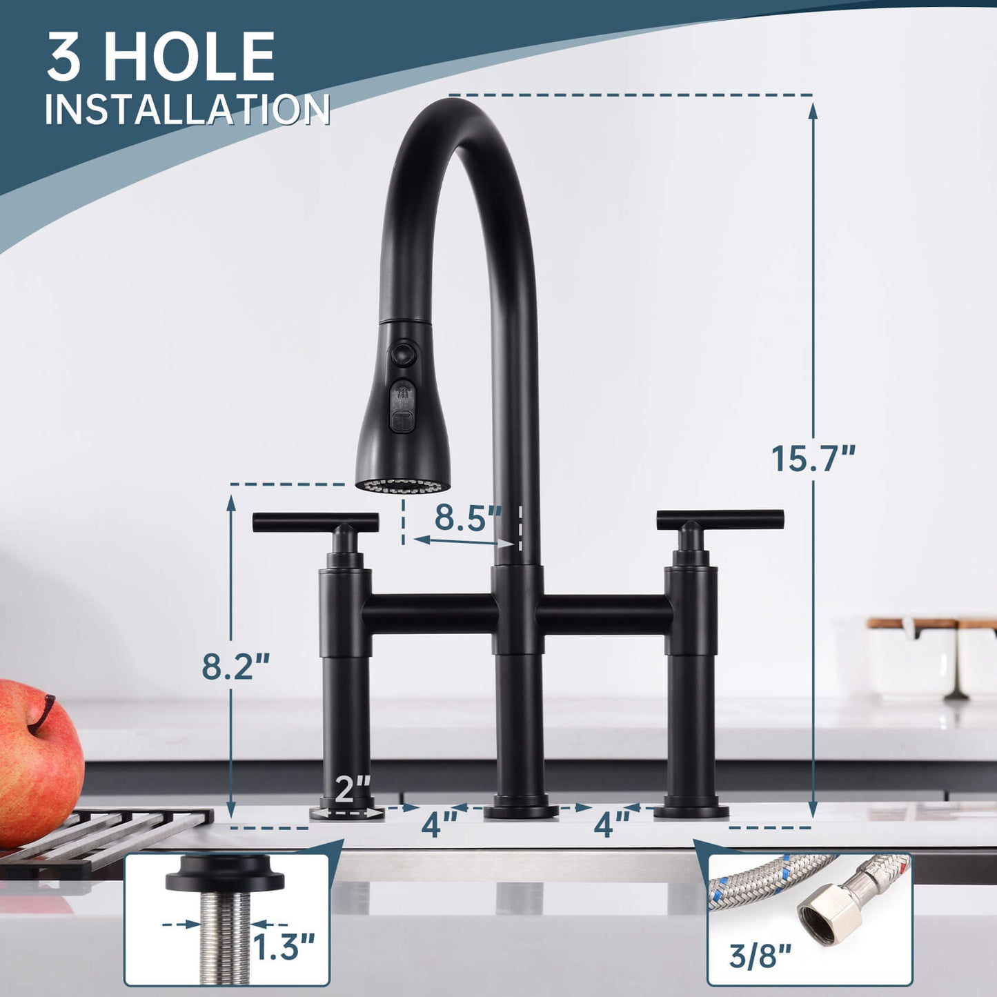 CF-15108 Grifo de cocina con rociador desplegable de 3 modos, 2 manijas, grifo para fregadero de cocina de 8 pulgadas, grifo para fregadero de cocina de 3 orificios, resistente a huellas dactilares, acero inoxidable resistente a las manchas